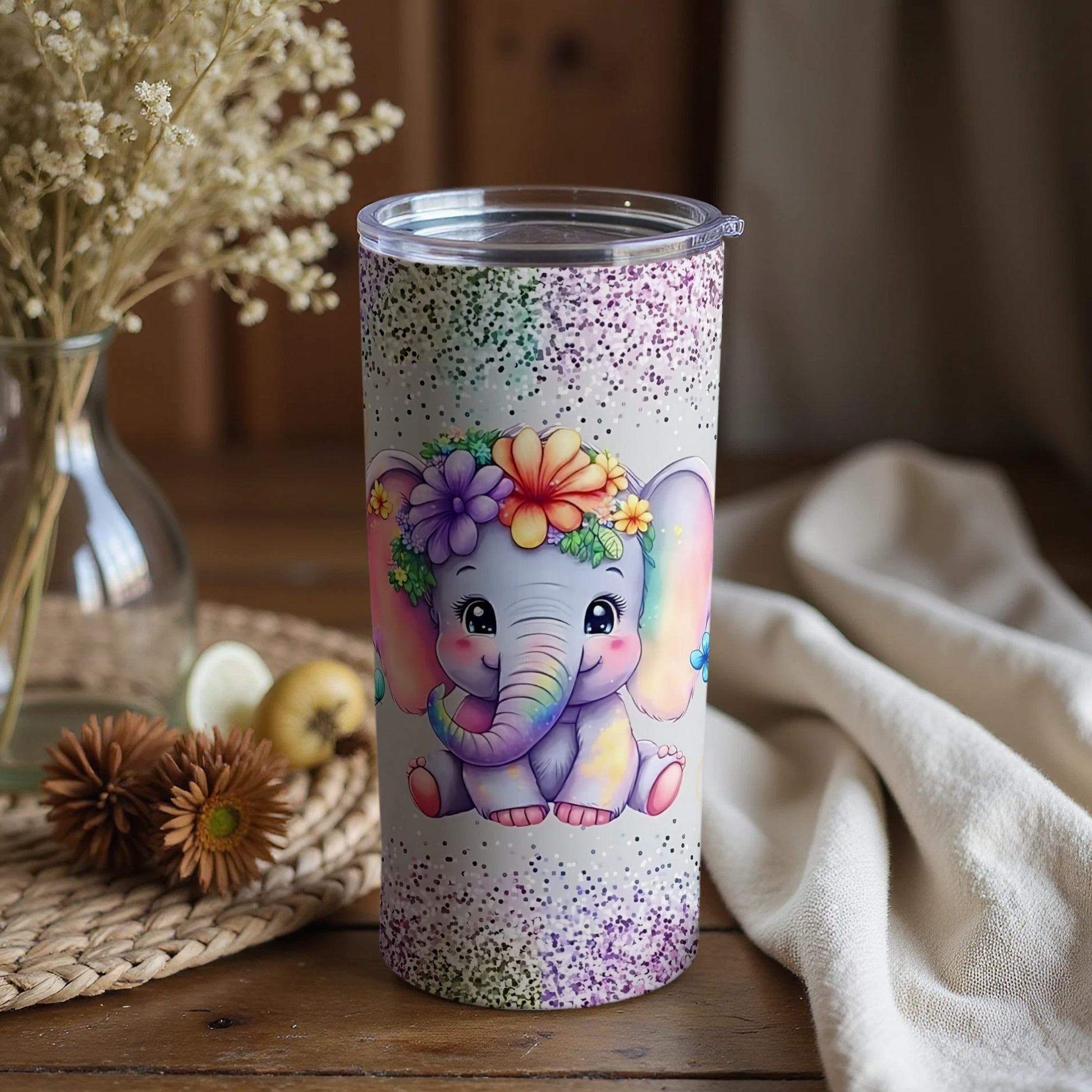 Adorable Elephant with Flowers Insulated Tumbler