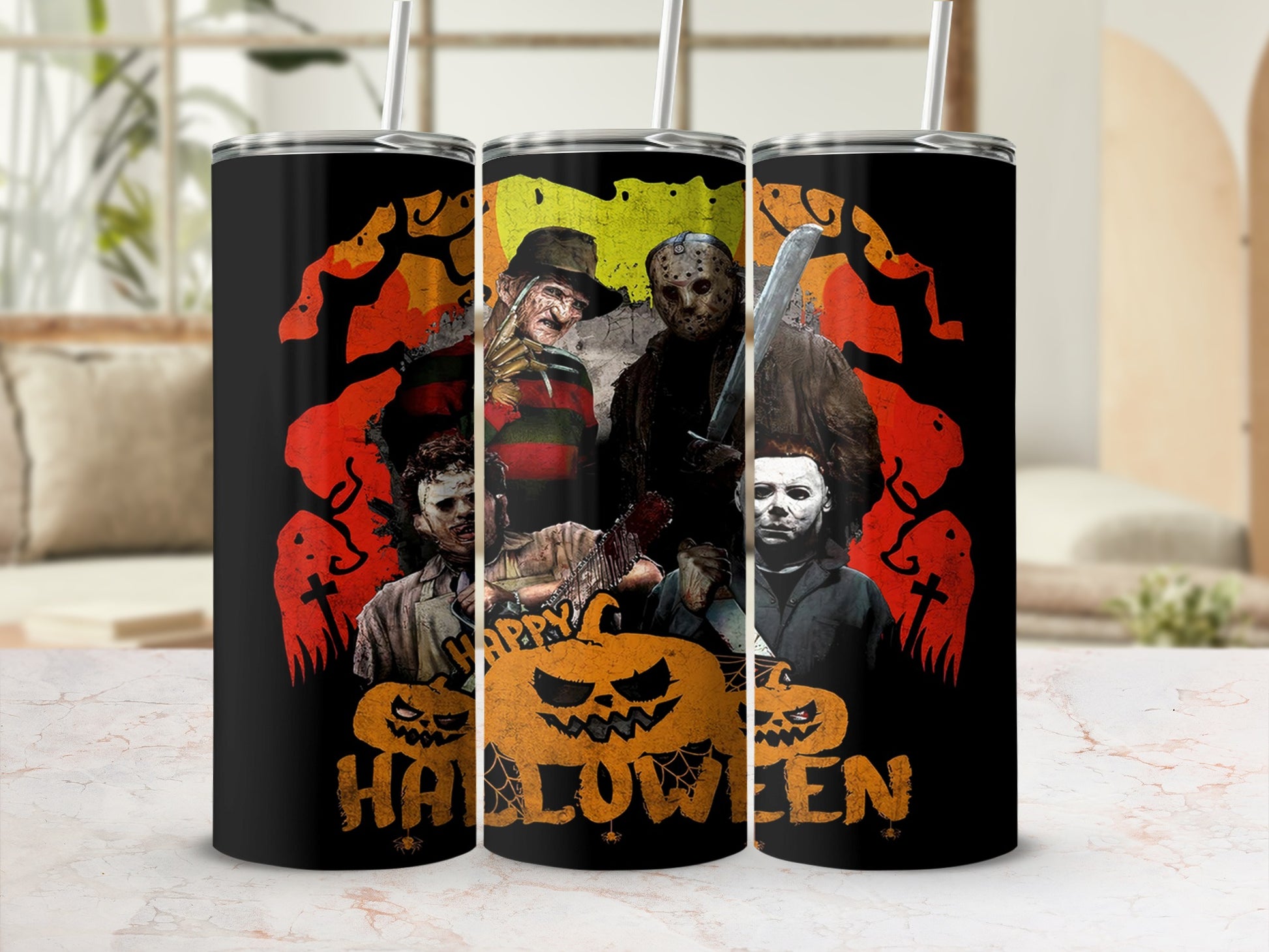Tumblers feature Freddy Krueger, Jason Voorhees, Leatherface, and Michael Myers with pumpkins and Halloween text.