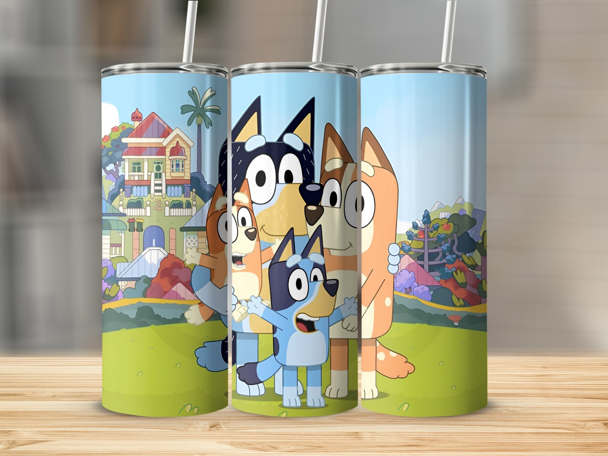 Bluey family cartoon characters on a blue and green background.