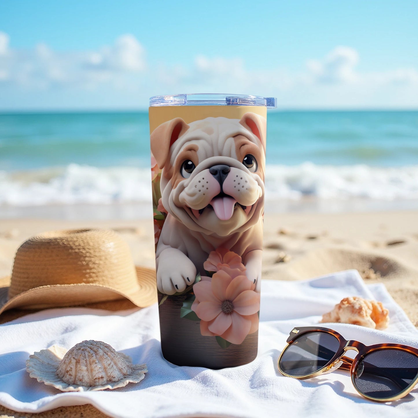 Cute Bulldog Face Tumbler Beach Ocean Scene product type