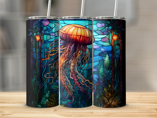 Three tumblers with a colorful jellyfish and stained-glass background design.