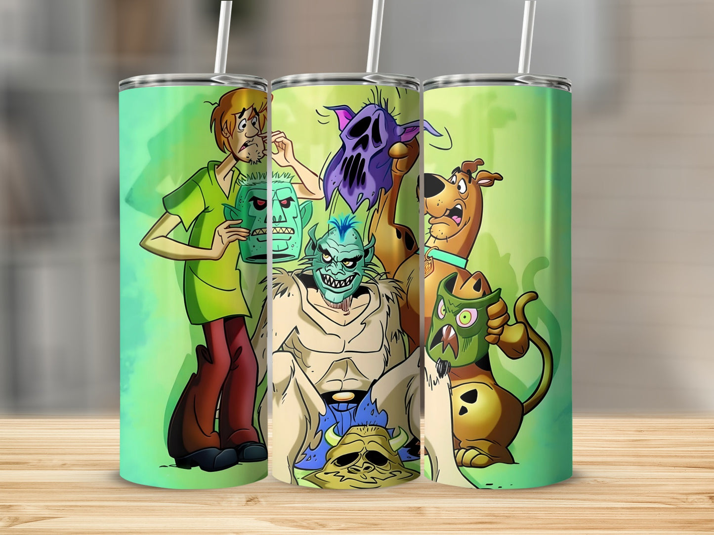 Scooby-Doo characters and monsters on a green, abstract background.