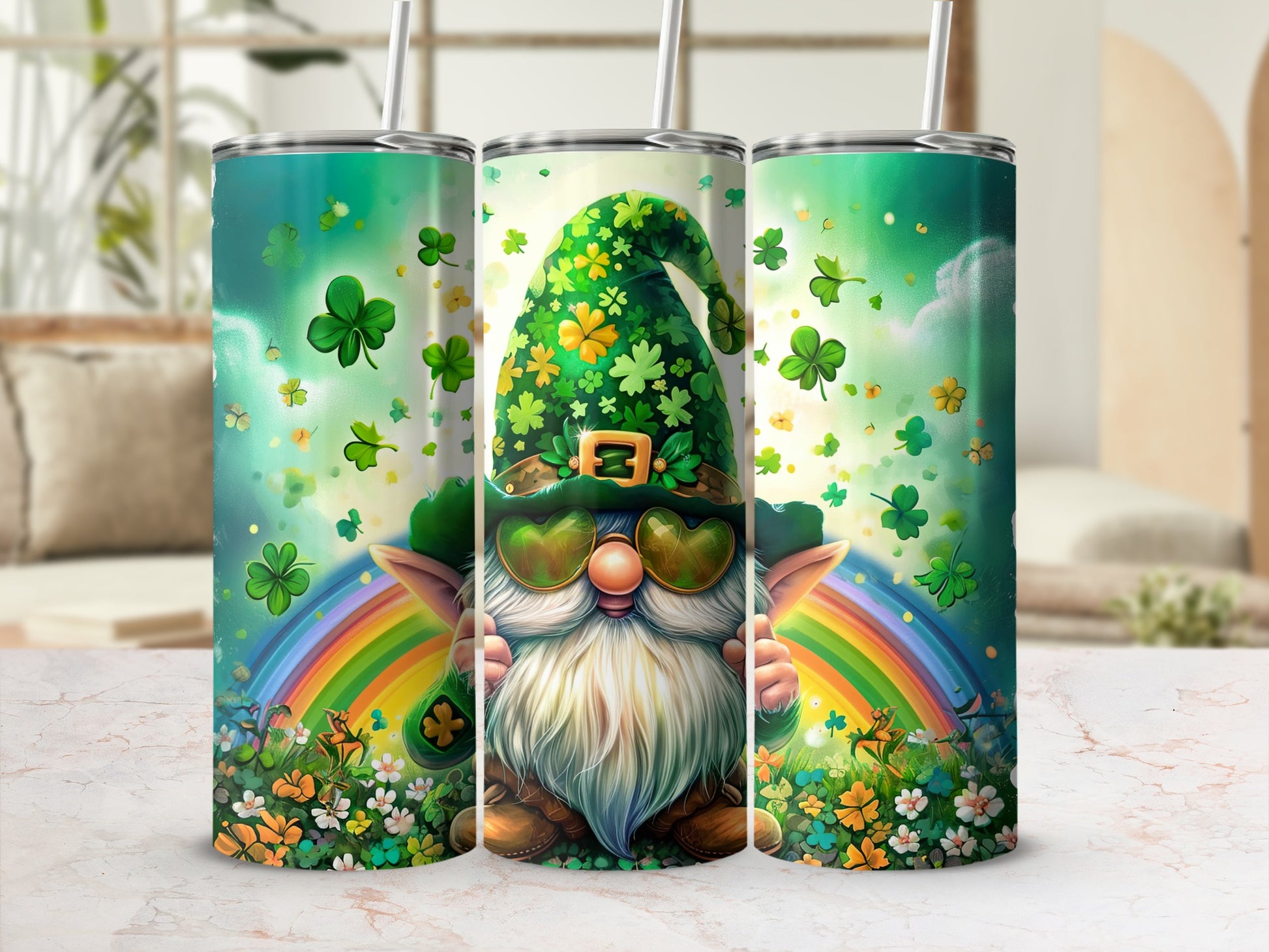 St. Patrick's Day gnome with rainbow and shamrocks on a tumbler.
