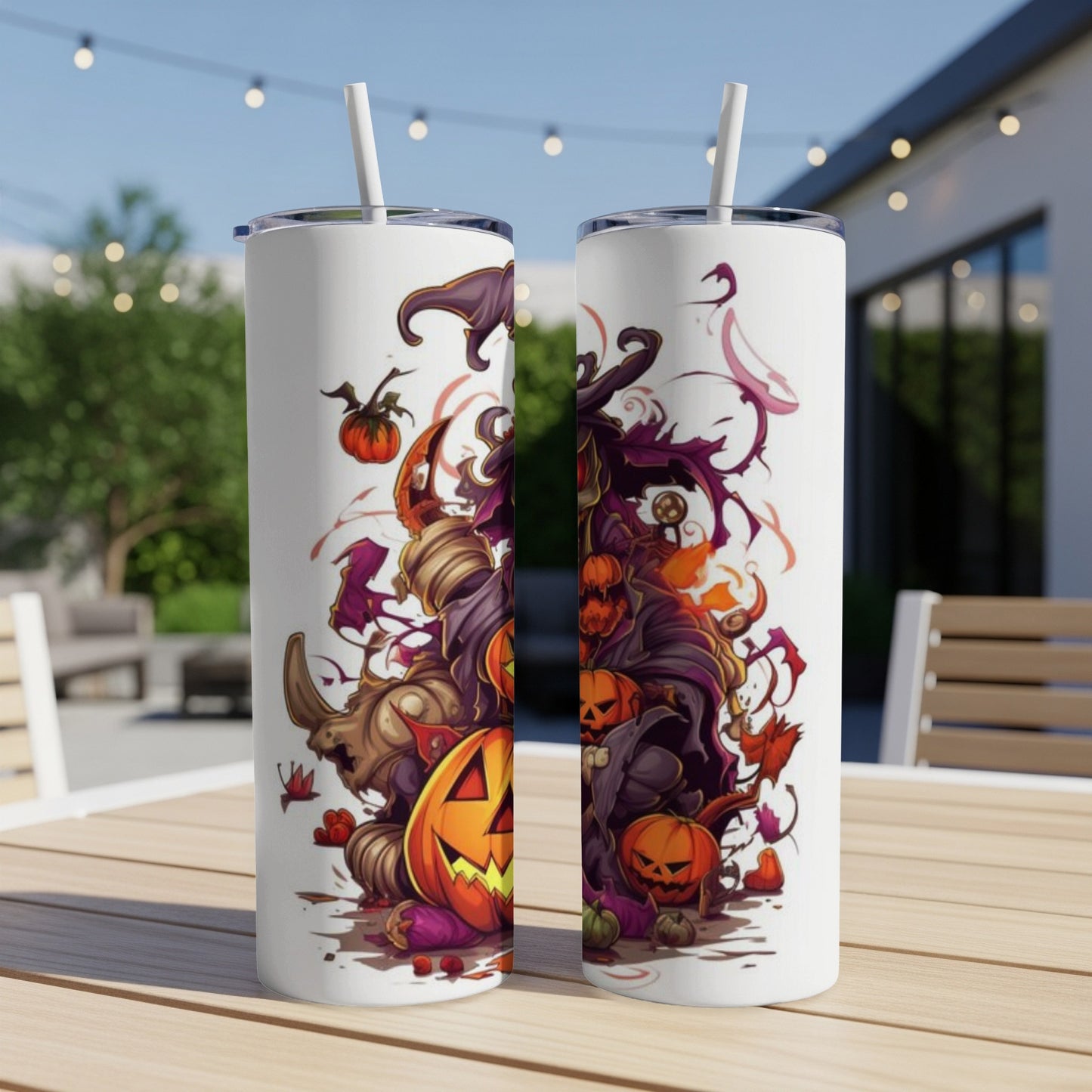 Two white tumblers featuring a Halloween collage with pumpkins, a witch, and a monster.