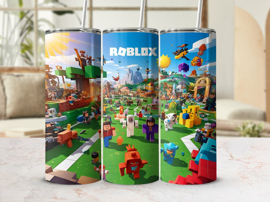 Roblox characters on a tumbler with a grassy, playful background.