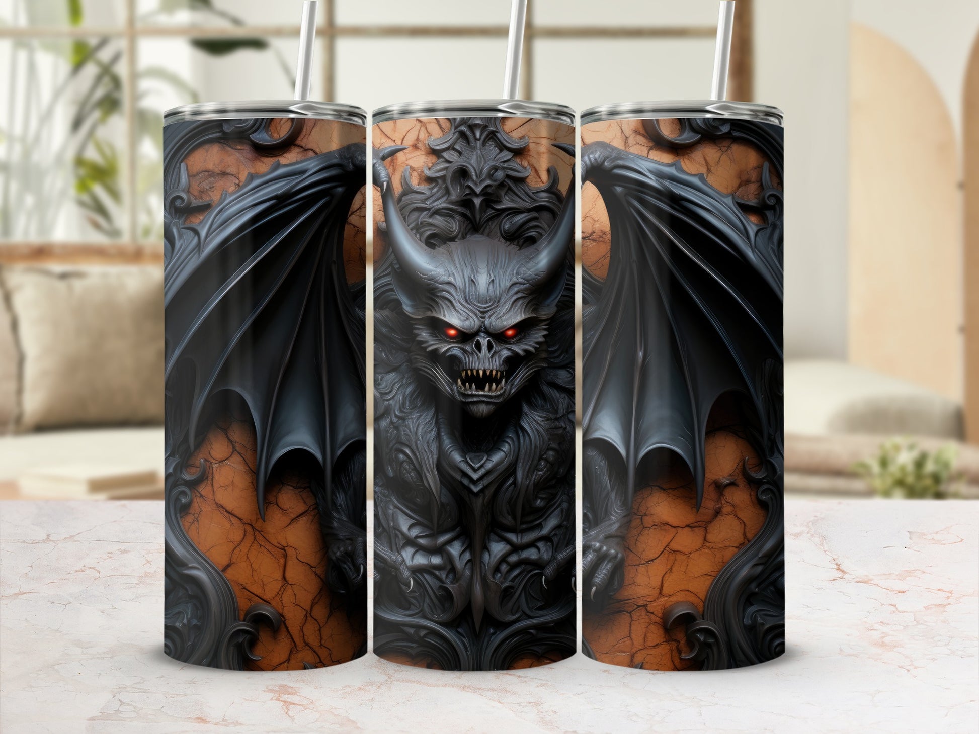 Three tumblers with a dark, winged creature design and red eyes.