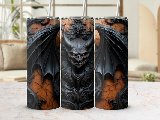 Three tumblers with a dark, winged creature design and red eyes.