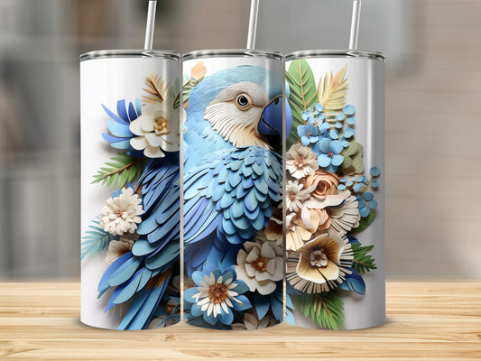 Blue parrot and floral design on three white stainless steel tumblers.