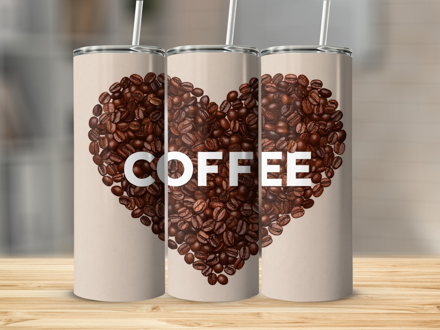 Three tumblers with heart-shaped coffee beans and the word "COFFEE".