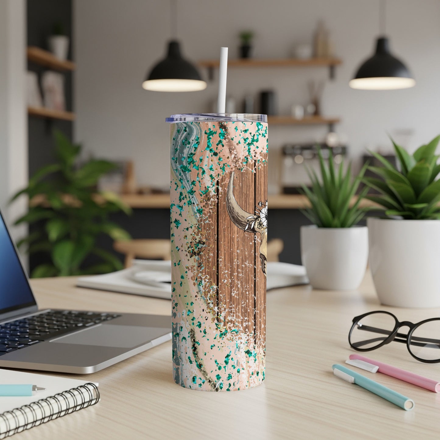 Wood-grain tumbler with abstract splash art and bull's head graphic.