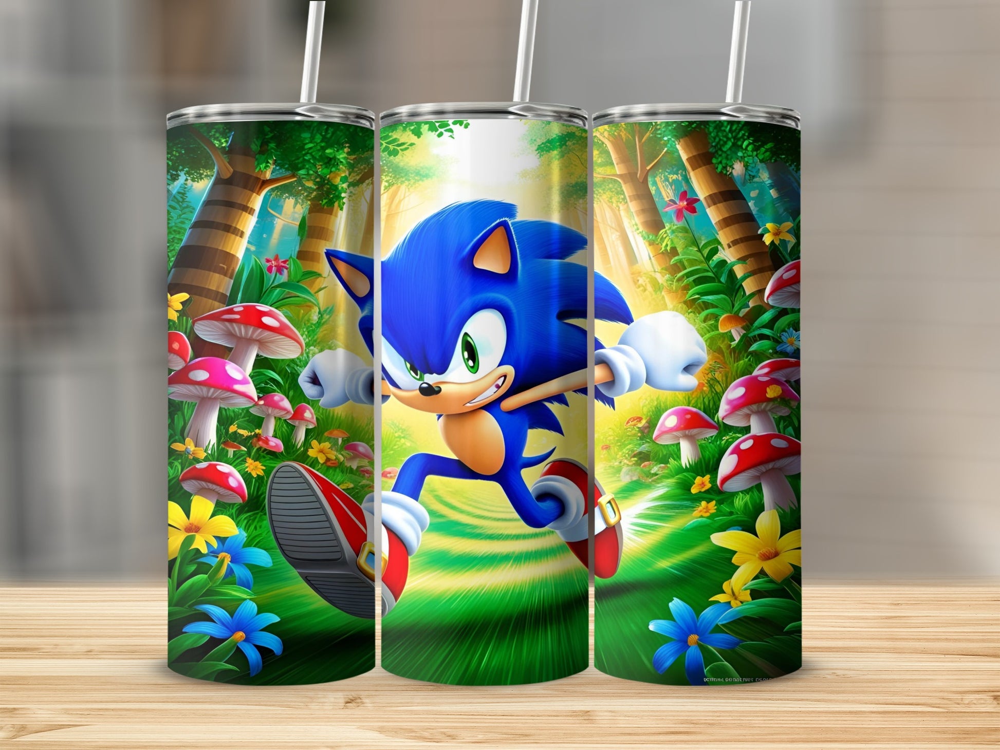 Sonic the Hedgehog runs through a vibrant forest with mushrooms and flowers.