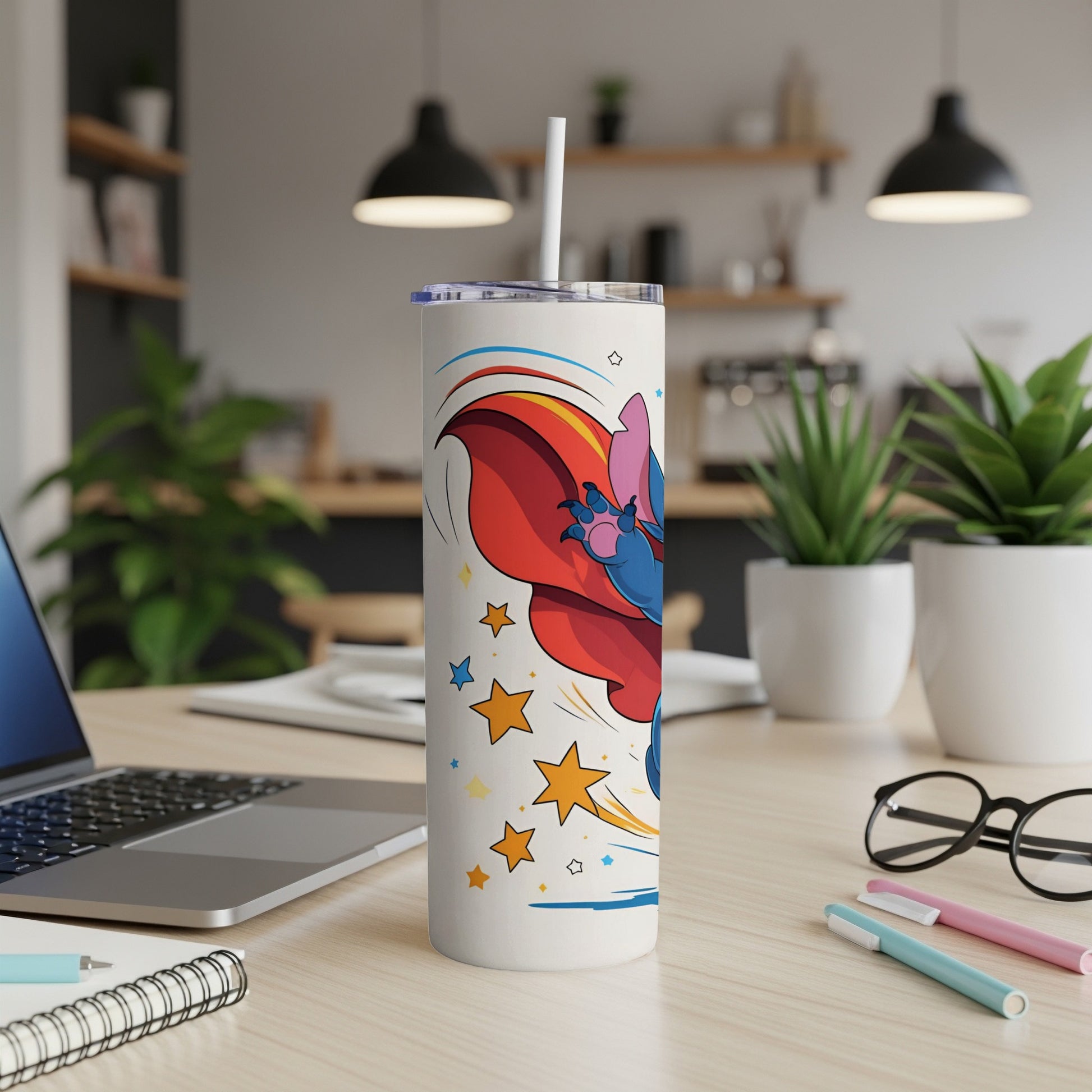 Stitch in superhero cape with stars on a white tumbler with straw.