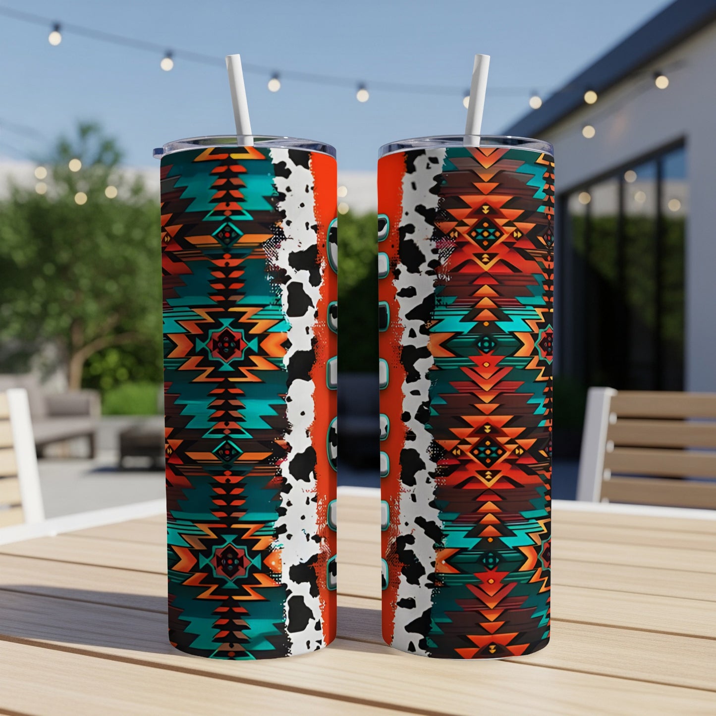 Two tumblers with Southwestern geometric patterns and cow print accents on a patio table.