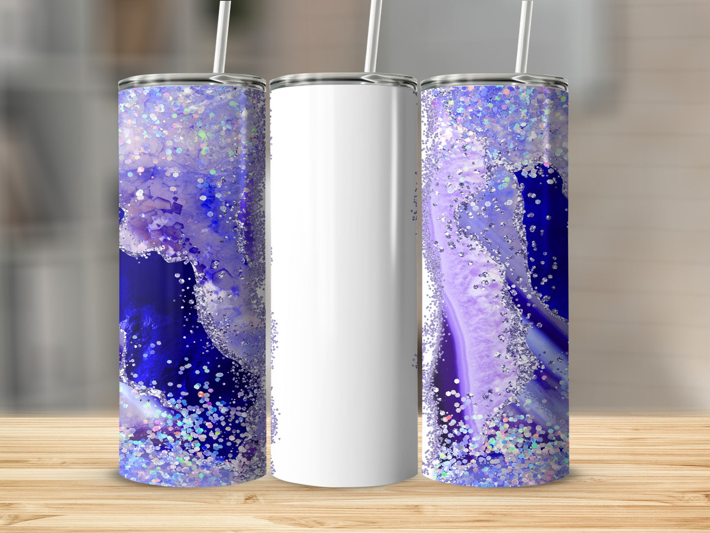 Three tumblers with purple glittery agate designs and white blank spaces.