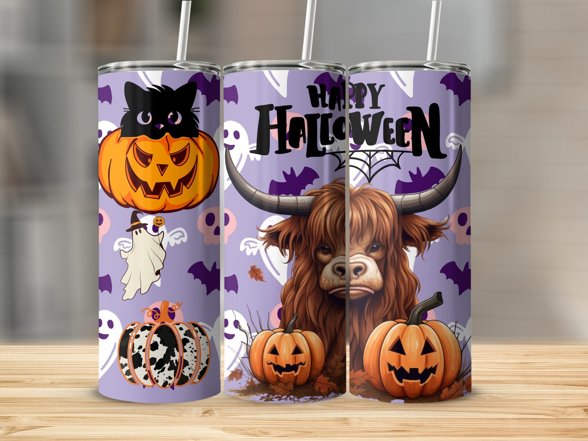Halloween Cat Cow Ghost Pumpkin Print Tumbler