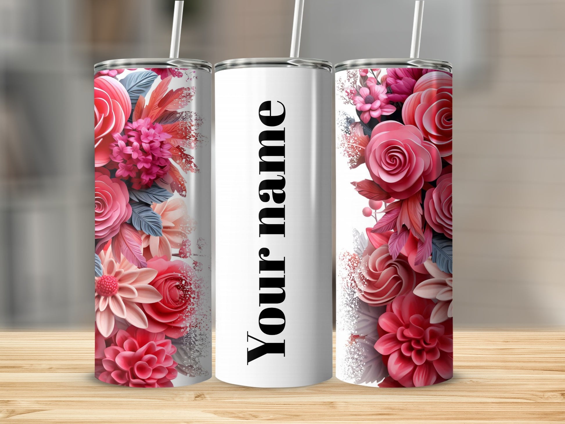 Personalized Floral Design Tumbler with Custom Name