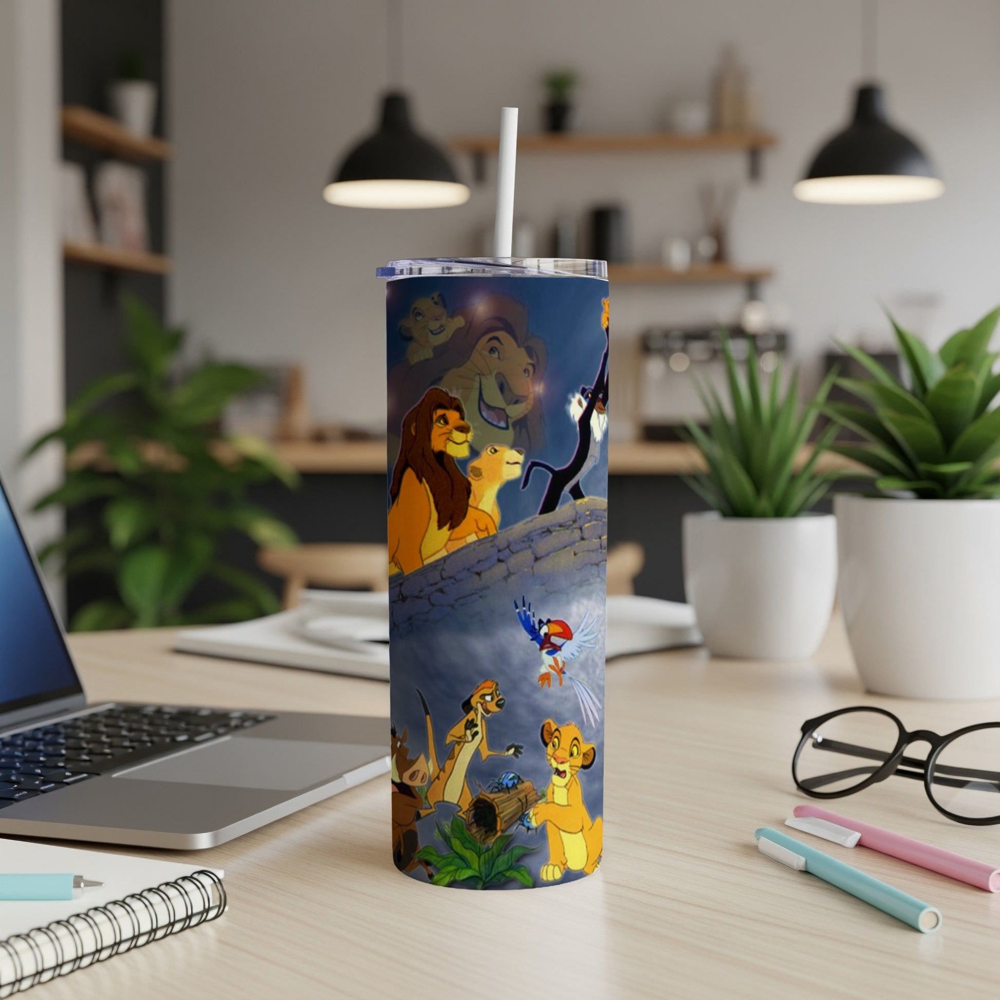 The Lion King characters Simba, Nala, and Zazu on a tumbler mockup.