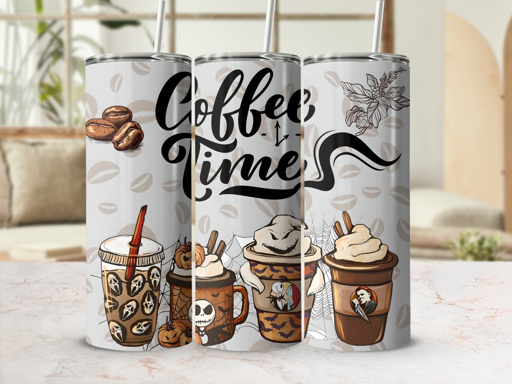 Coffee Time Halloween Themed Tumbler with Straw