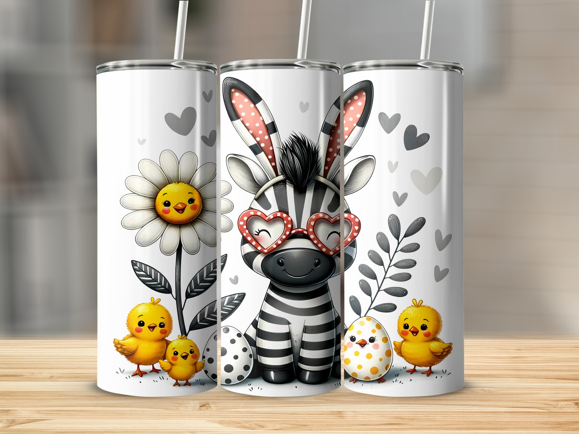 Easter zebra with chicks and daisy on a tumbler.
