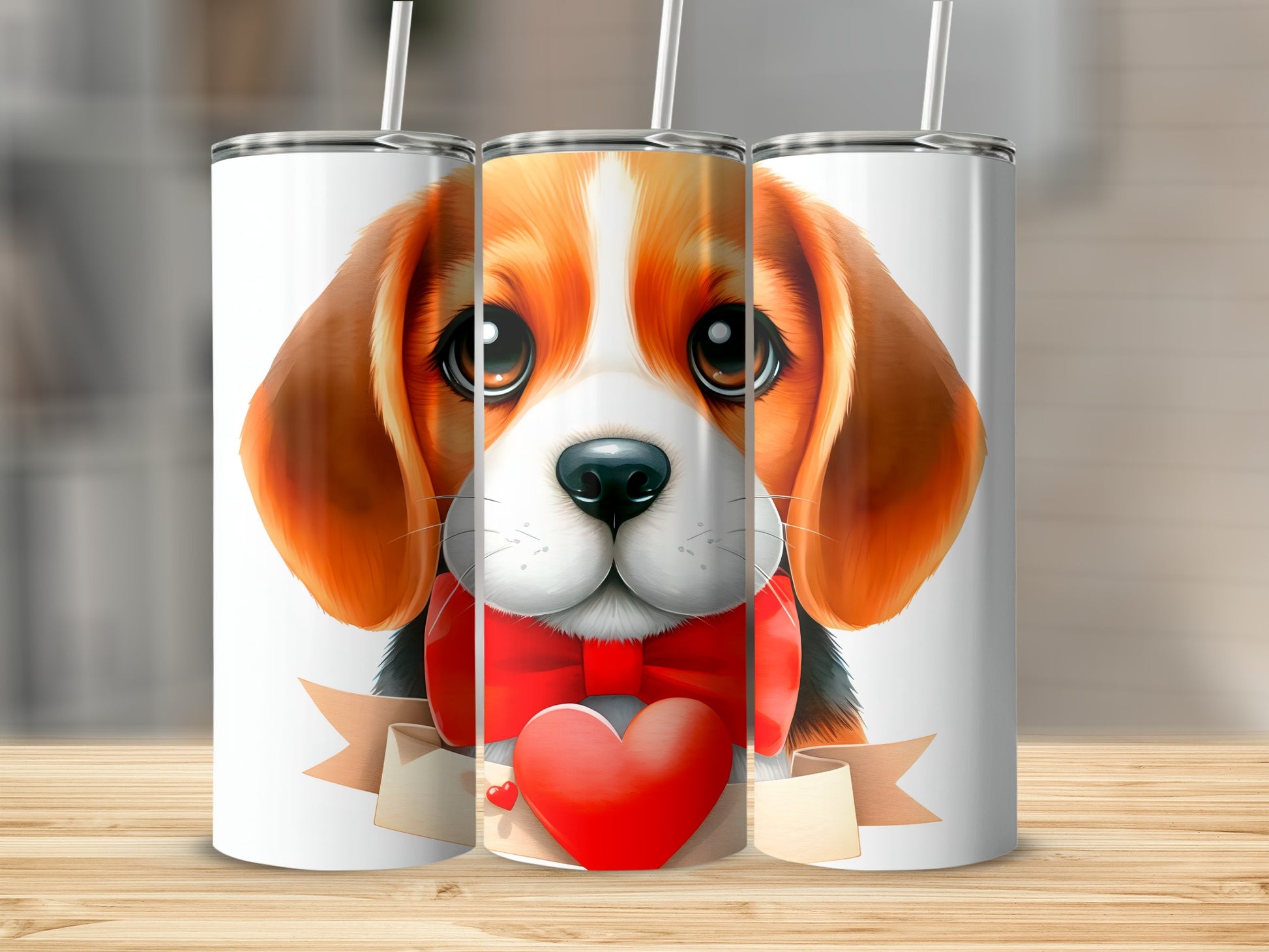 Beagle puppy with red bow and heart, shown on three tumblers.