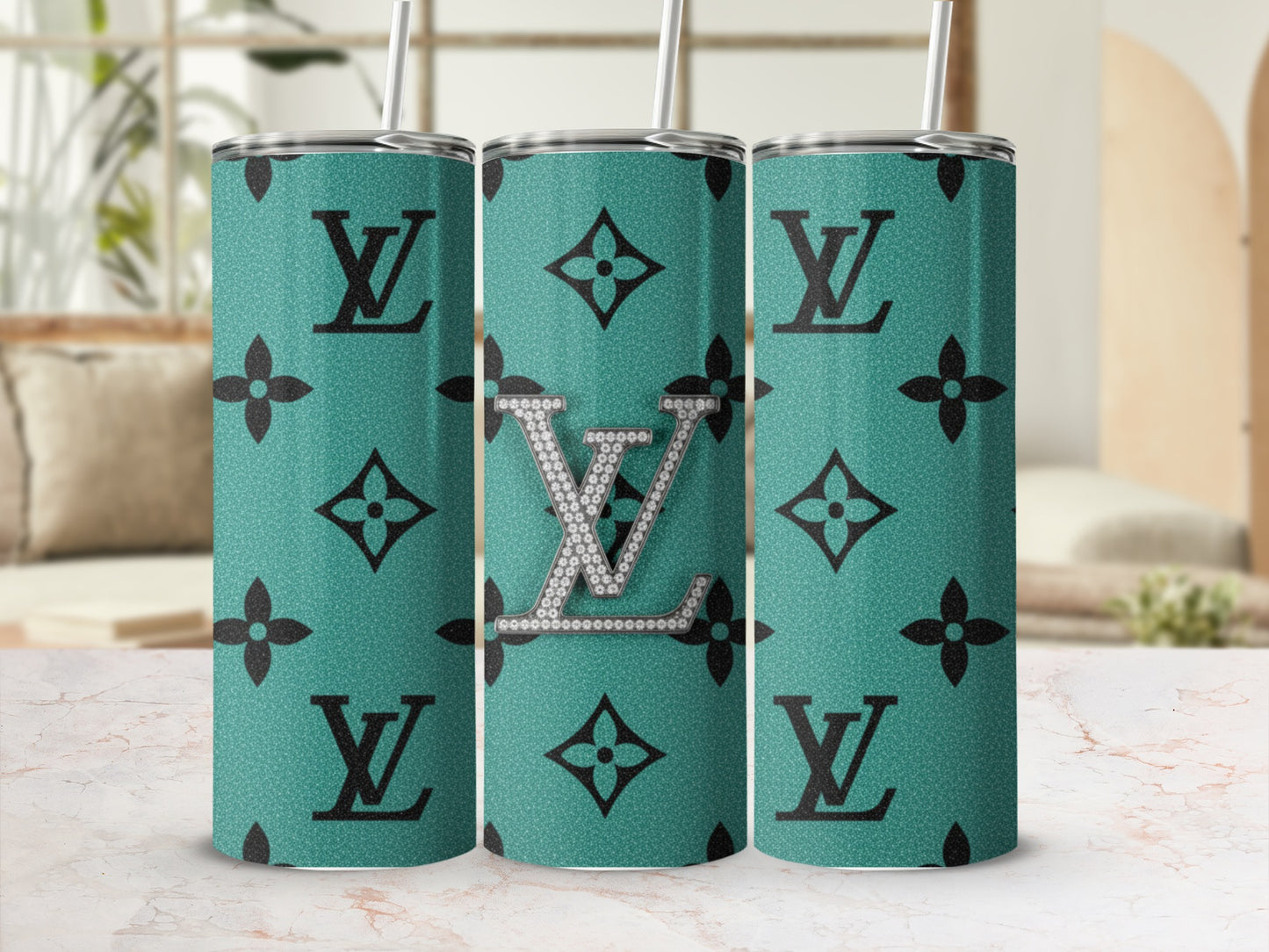 Luxury Designer Style Pattern Tumbler with Rhinestone Lettering