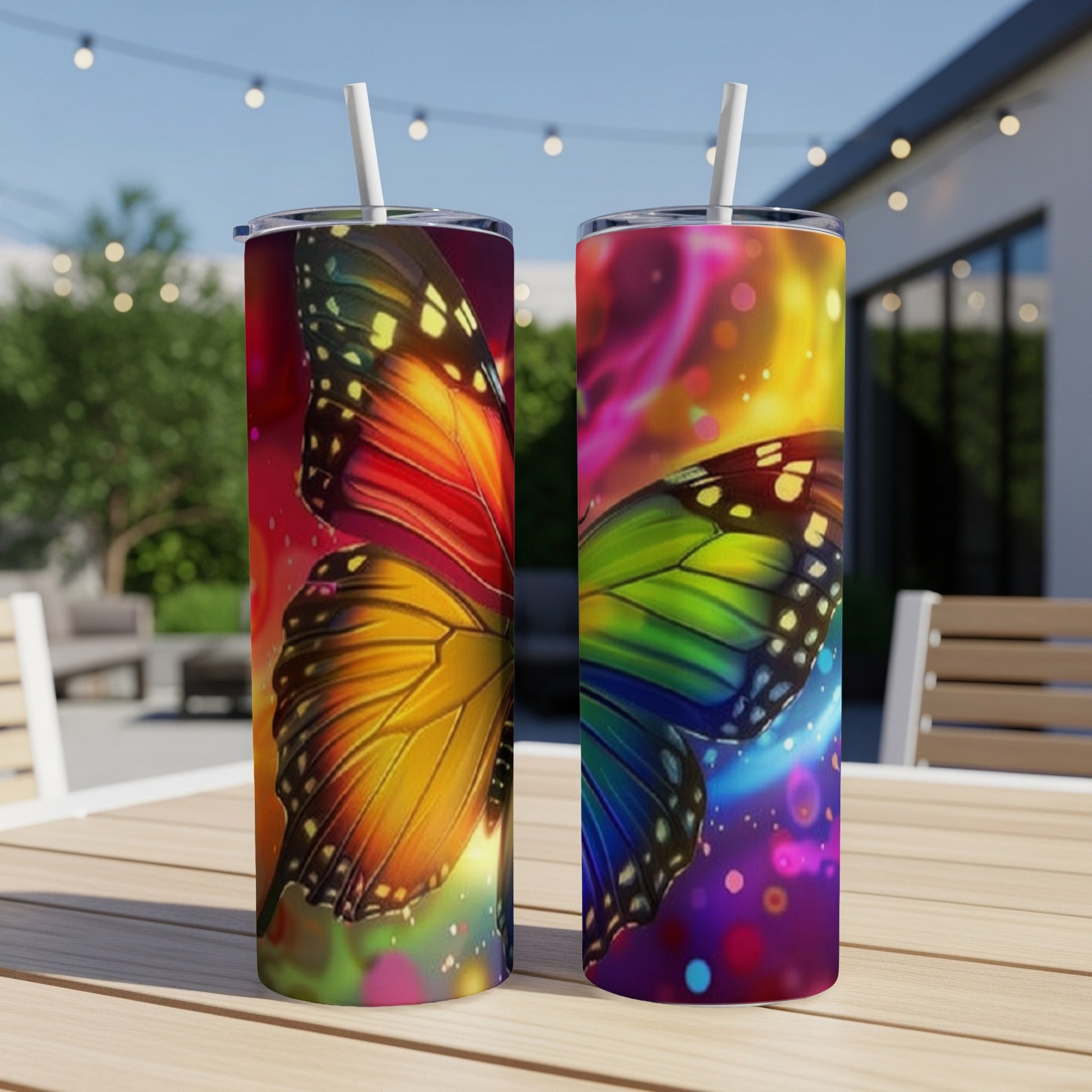 Two colorful butterfly tumblers with straws on a table.