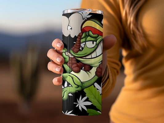 Colorful Cartoon Lizard Water Bottle with Leafy Design