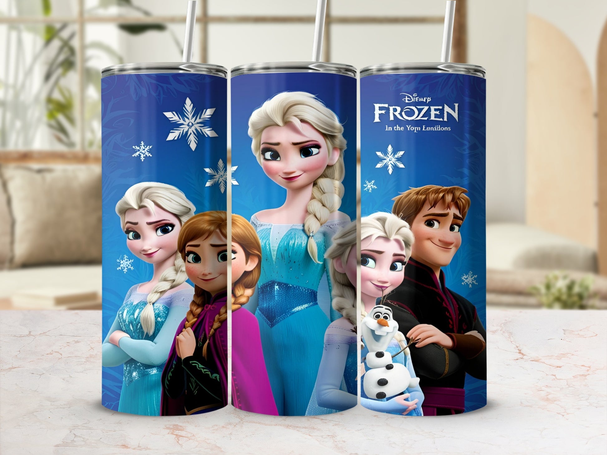Disney Frozen characters Elsa, Anna, Olaf, and Kristoff on a blue tumbler.