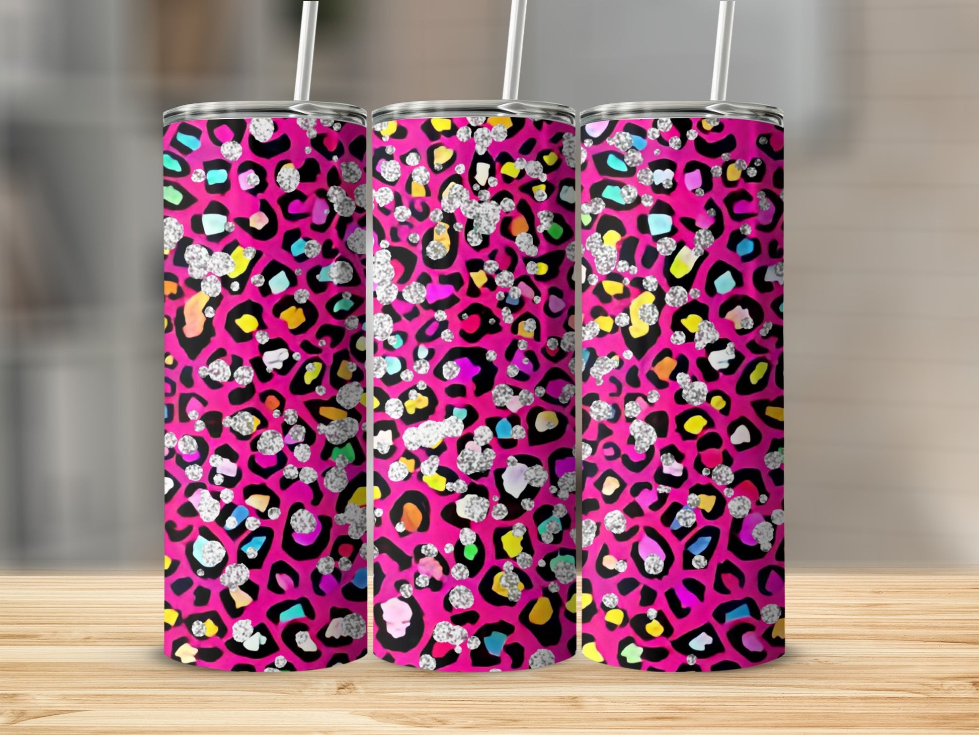 Vibrant Pink Leopard Print Tumblers with Glitter Design
