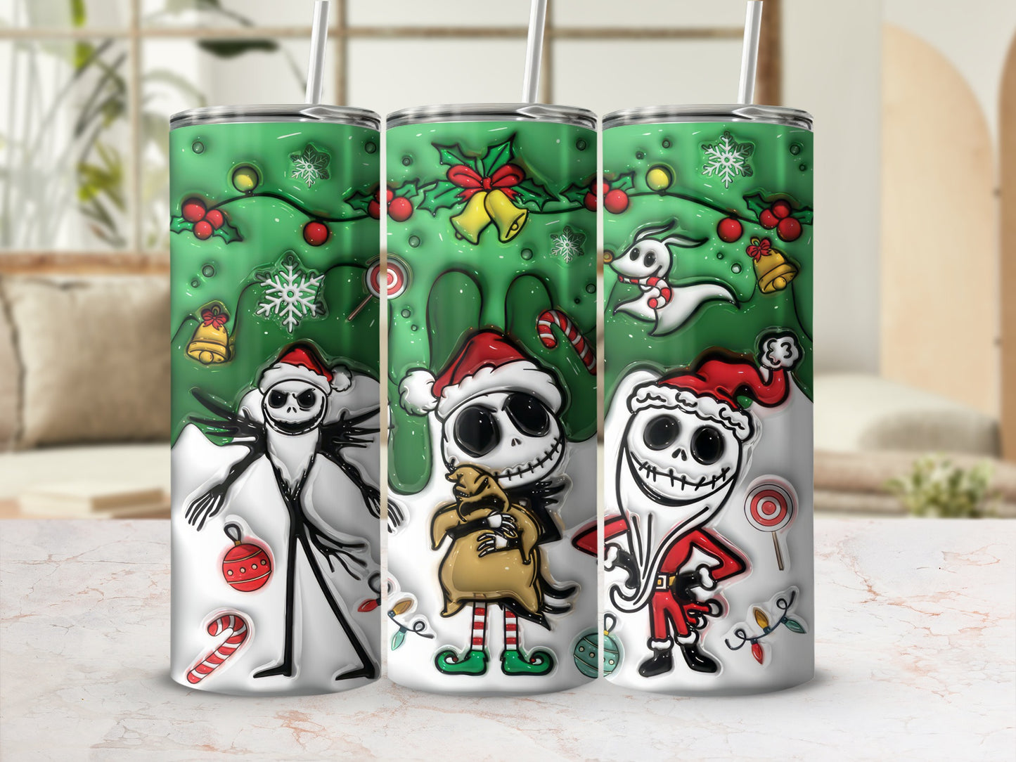 Christmas Skeleton Characters and Green Decorations Tumbler