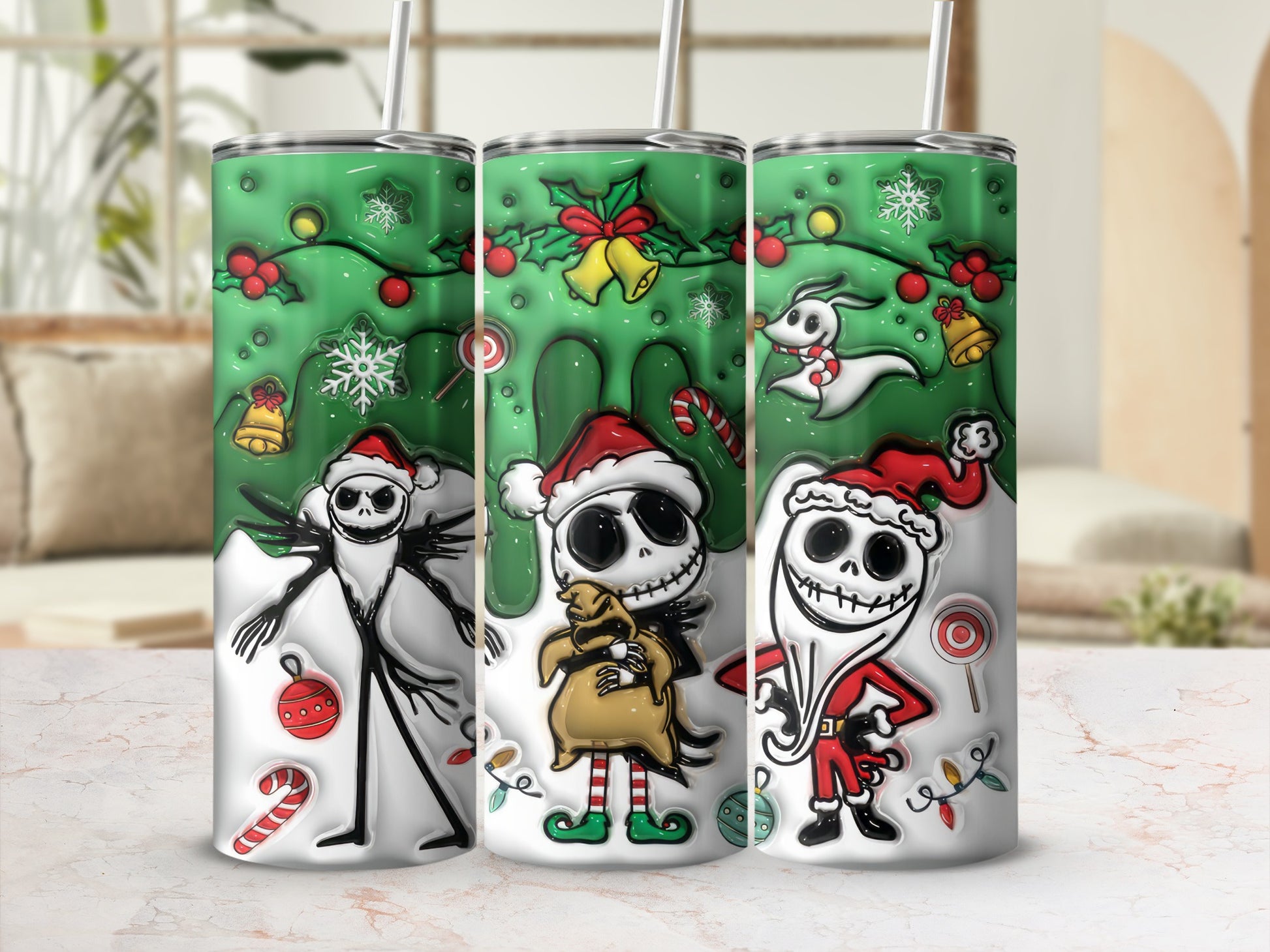 Christmas Skeleton Characters and Green Decorations Tumbler
