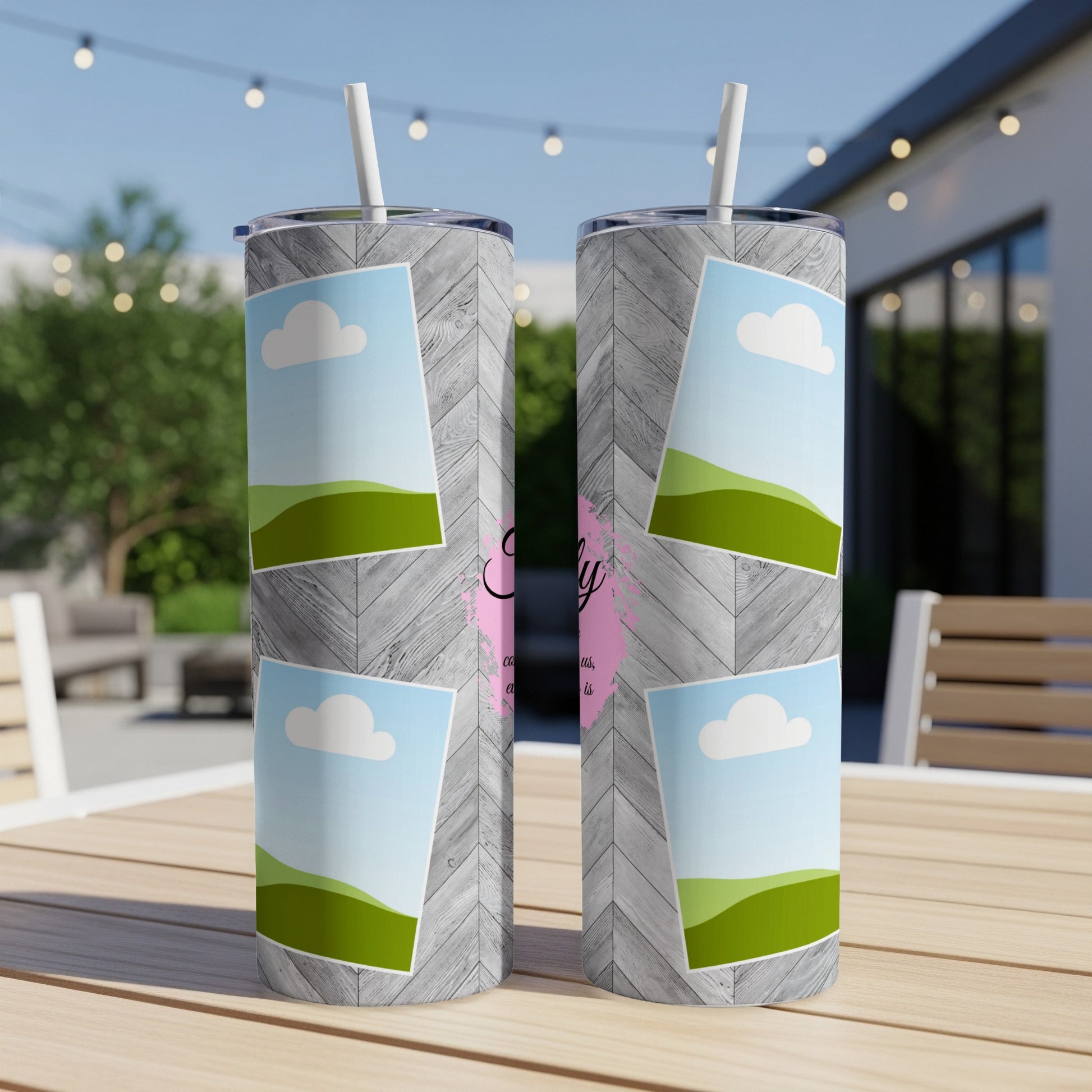 Two tumblers with a wood grain pattern, featuring landscape photos and pink text.