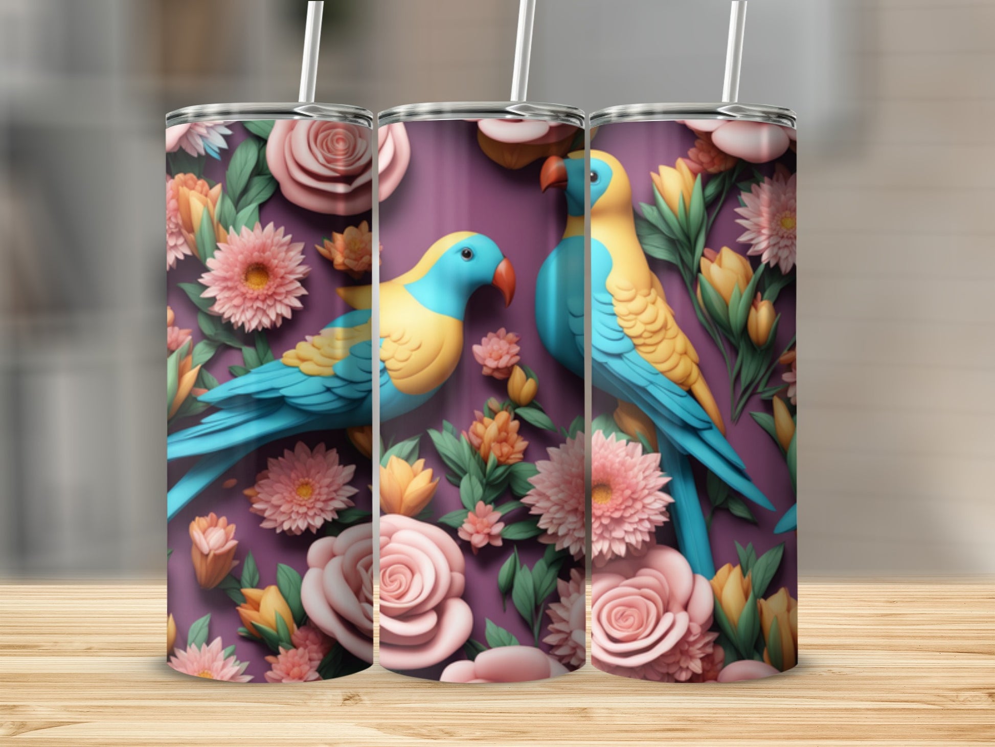 Two parrots perched among pink and orange flowers on a purple tumbler.