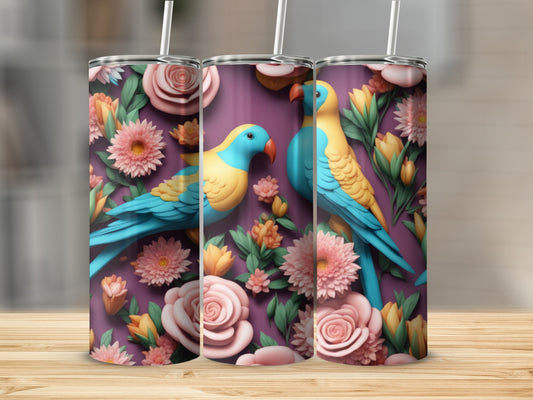 Two parrots perched among pink and orange flowers on a purple tumbler.