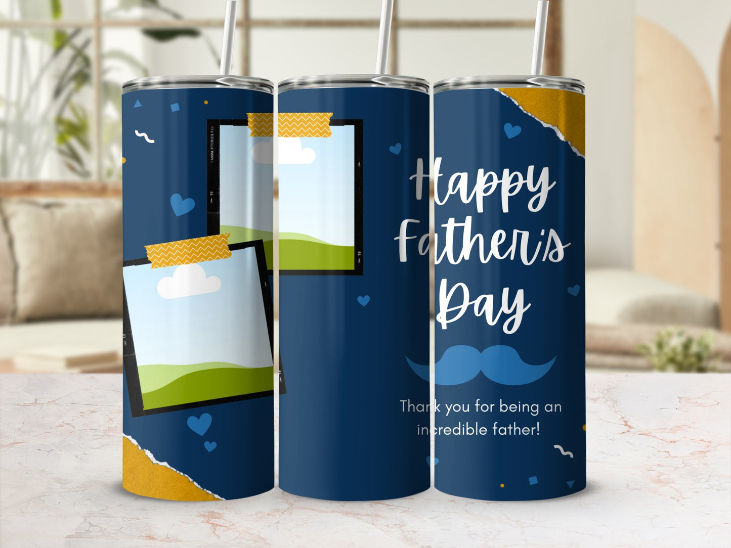 Navy tumbler with "Happy Father's Day" text and mustache graphic.