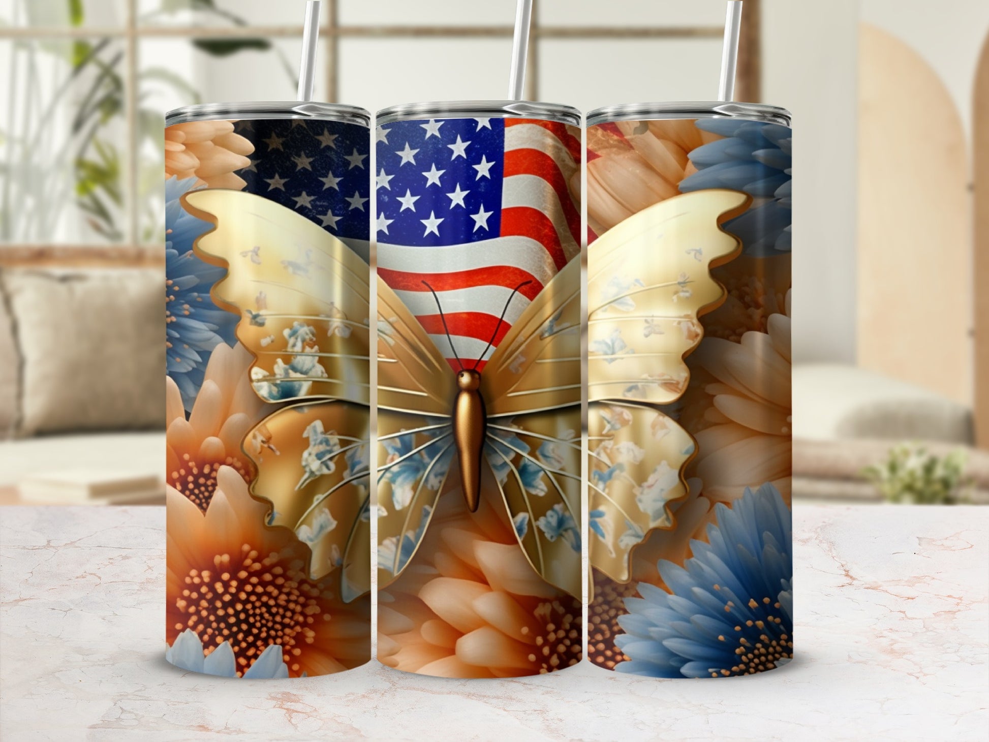Butterfly with American flag wings on floral background.