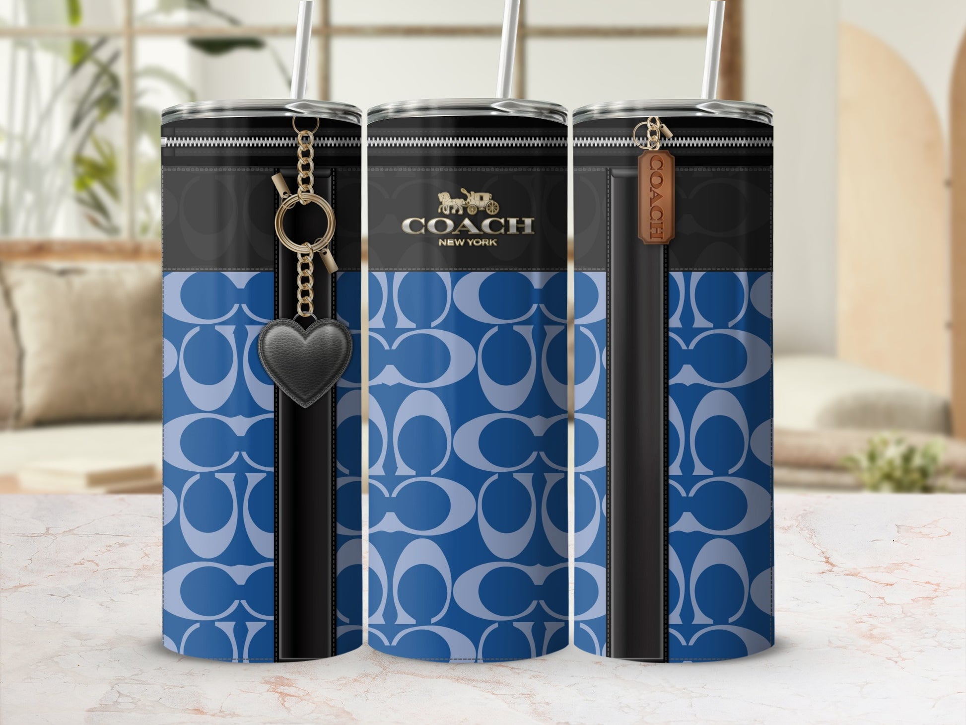 Designer Blue Coach New York Tumbler with Zipper Design