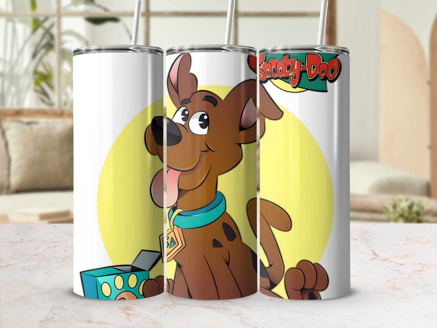 Scooby-Doo character and "Scooby-Doo" logo on a white tumbler.
