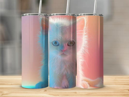 Three cat-themed tumblers with pastel backgrounds and reusable straws.