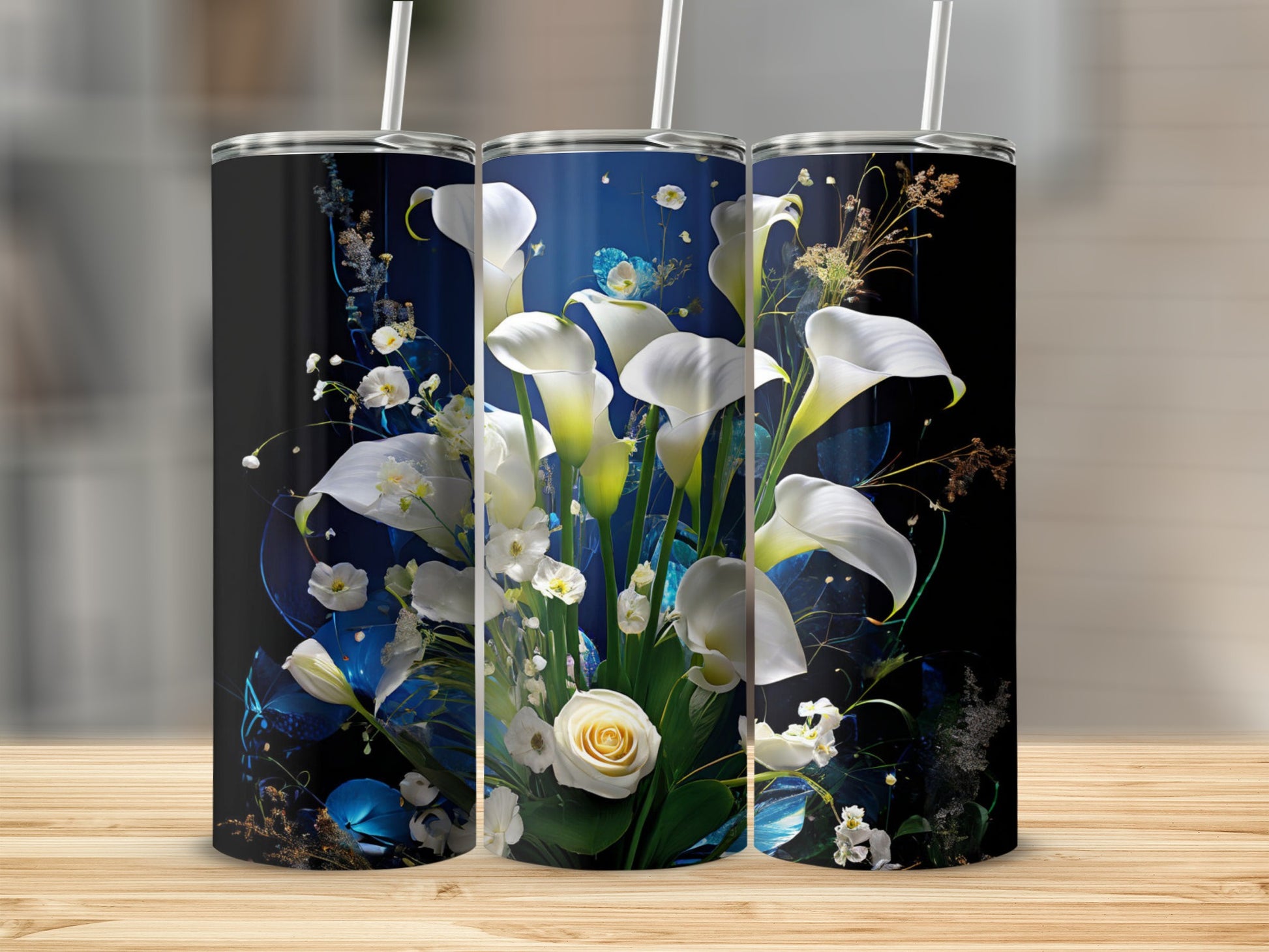 White calla lilies and rose bouquet on a dark background with blue accents.