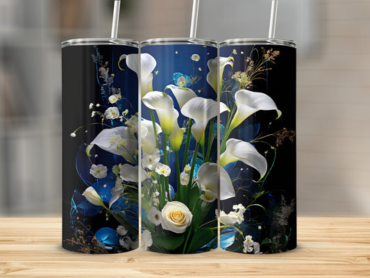 White calla lilies and rose bouquet on a dark background with blue accents.