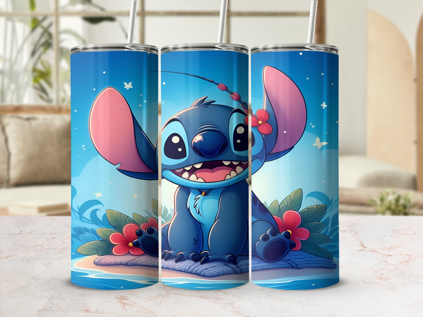Blue Stitch character on a beach with flowers and ocean background.