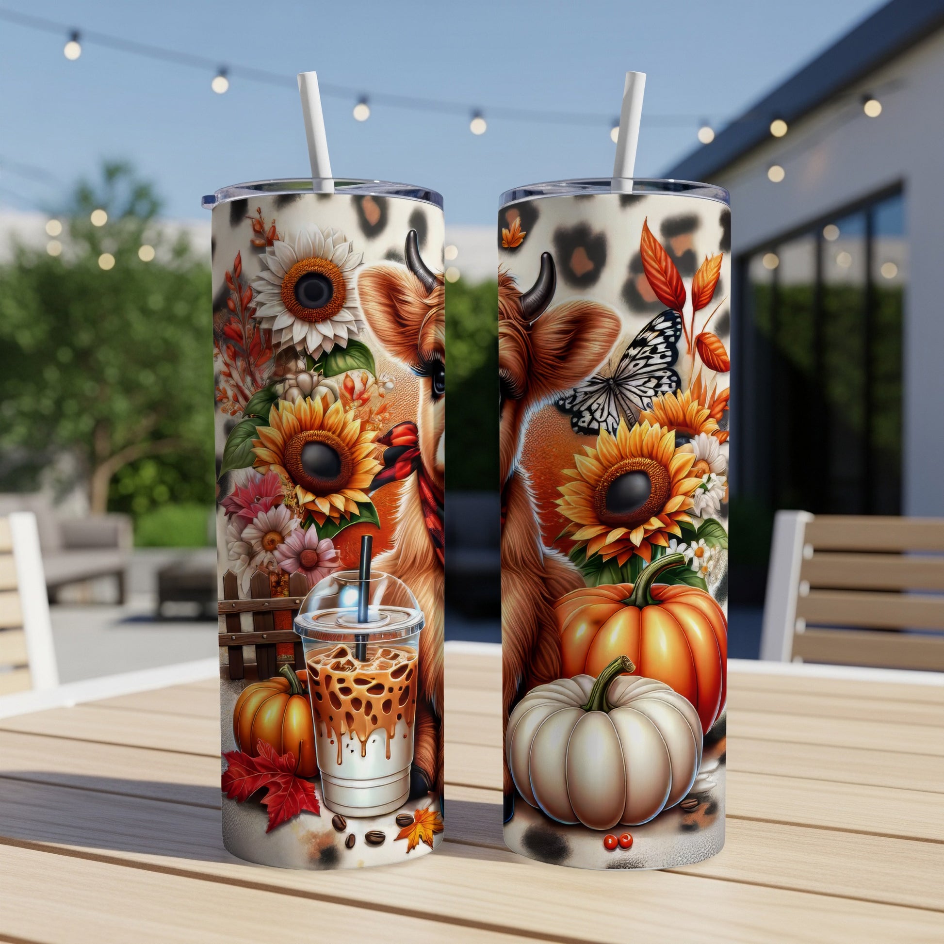 Two fall-themed tumblers with cows, pumpkins, sunflowers, and coffee.