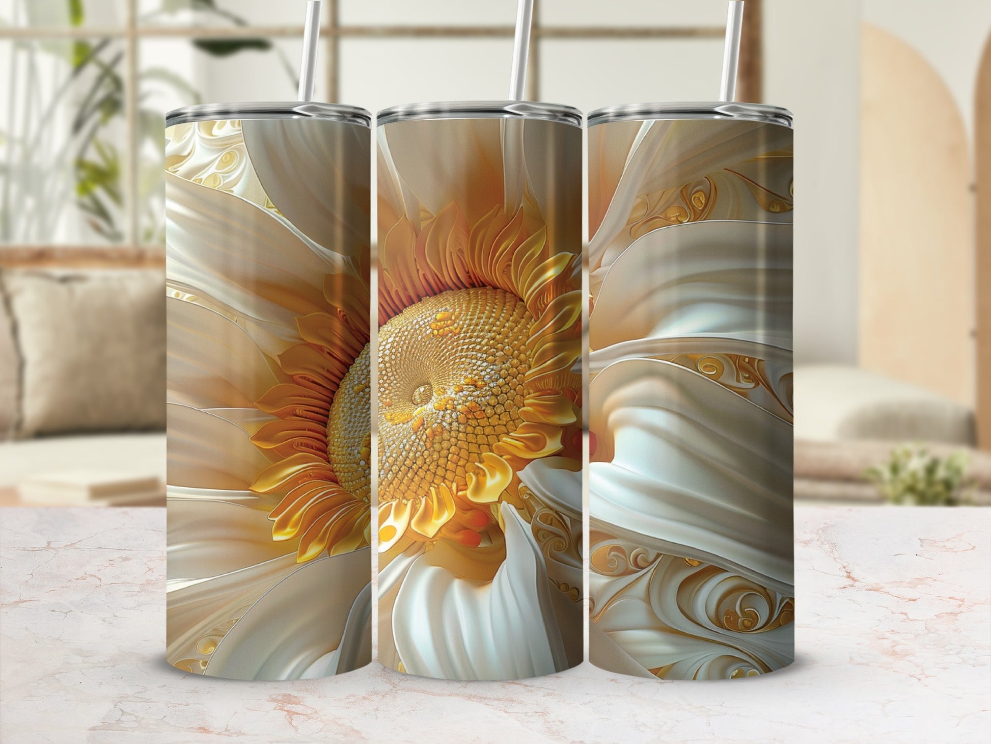 Three tumblers with a close-up sunflower and ornate gold swirling designs.