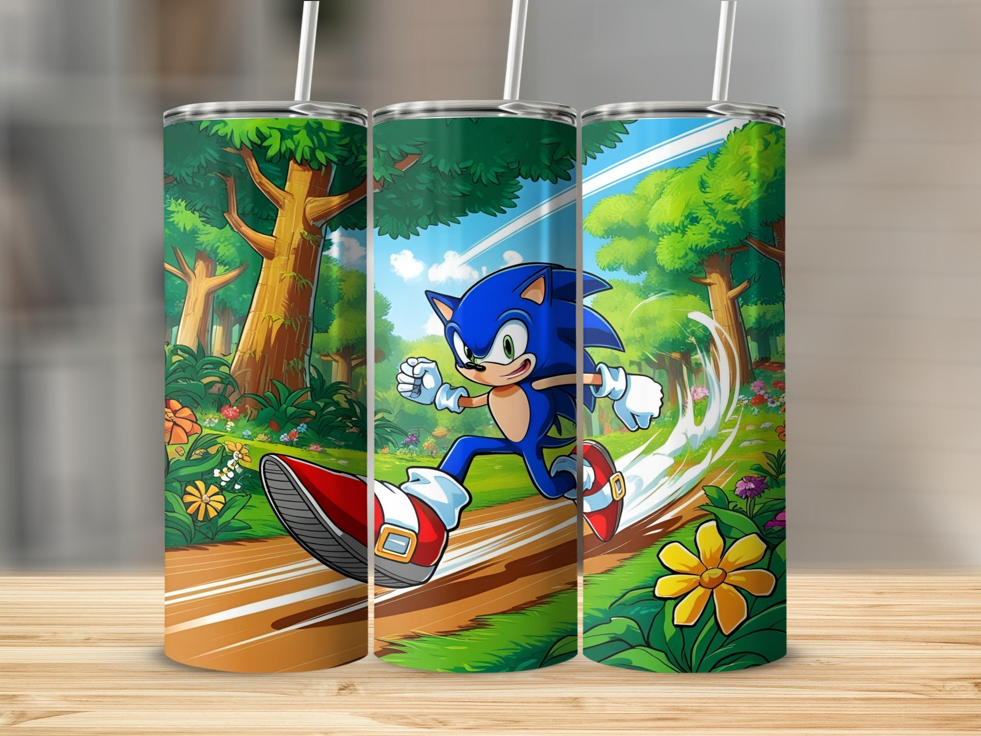 Sonic the Hedgehog running through a forest scene.