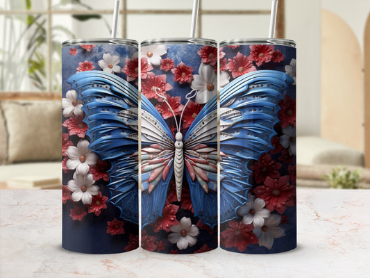 Three tumblers featuring a blue and white butterfly with red and white flowers.