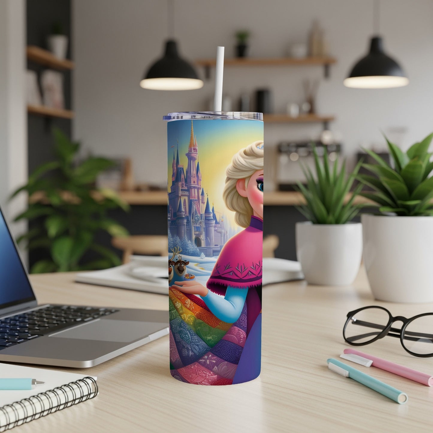 Frozen Elsa with castle on rainbow design tumbler.