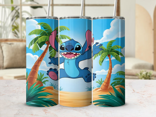 Stitch smiling and jumping on a tropical beach with palm trees.