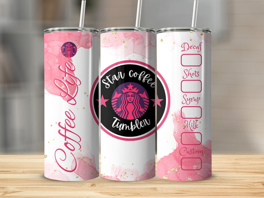 Star Coffee Tumbler with Custom Options and Pink Design