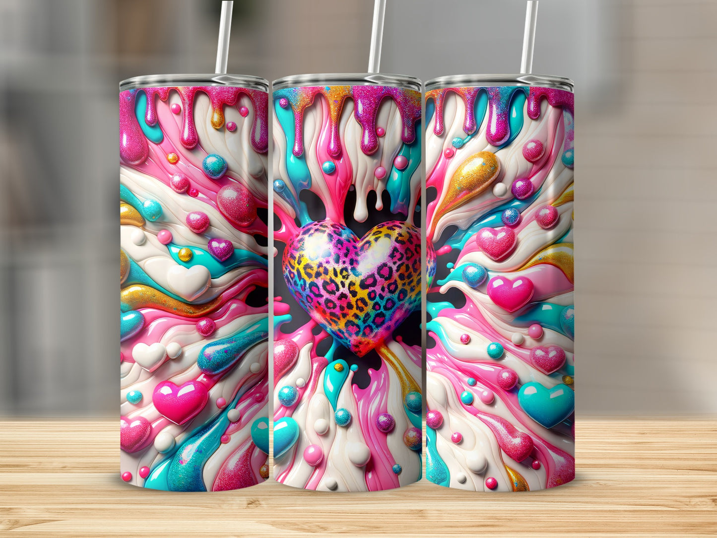 Heart Burst Colorful Drip Hearts Leopard Heart Tumblers